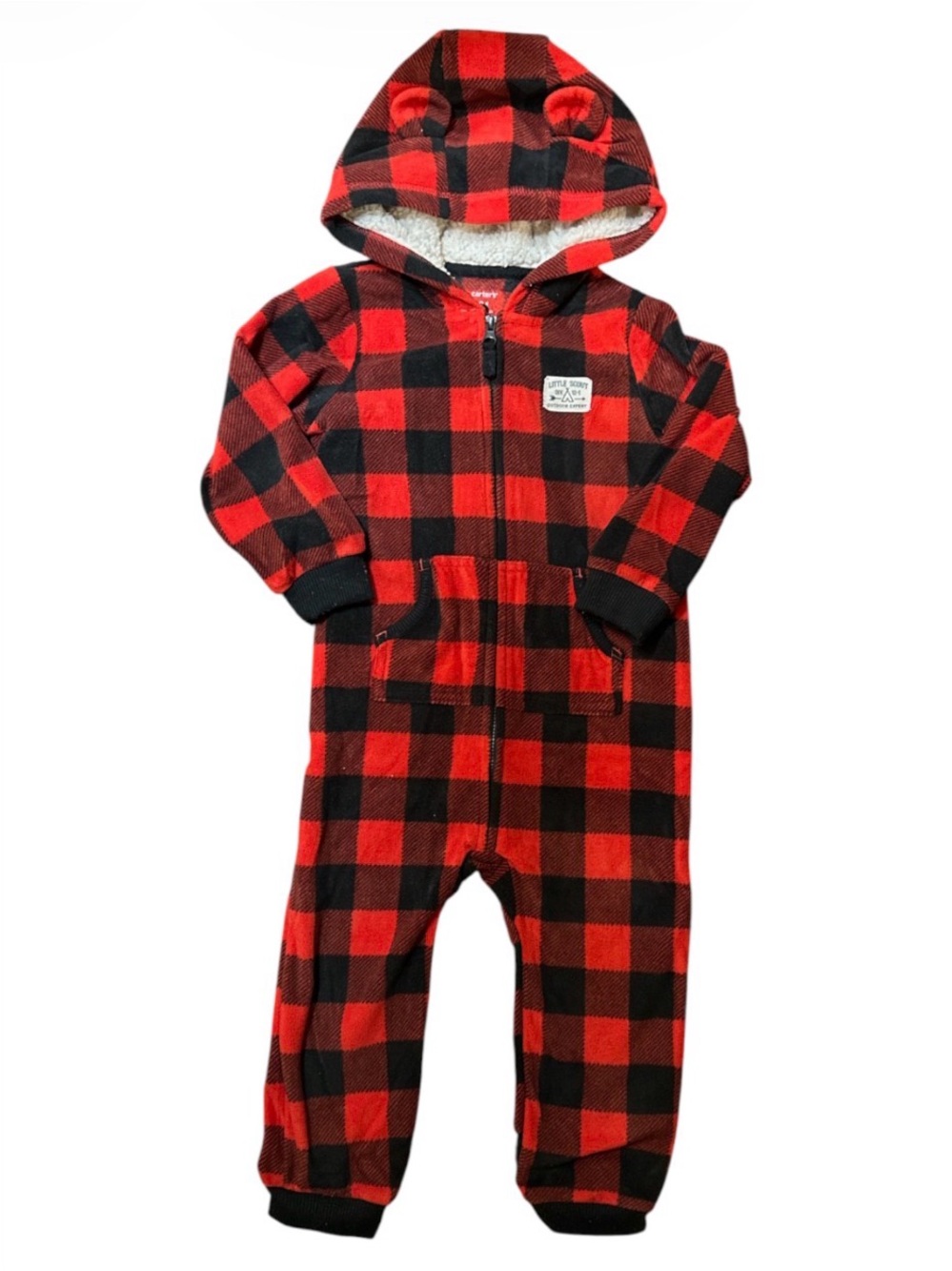 Cozy Red and Black Buffalo Plaid Fleece Sherpa Hooded One-Piece for Kids 2y